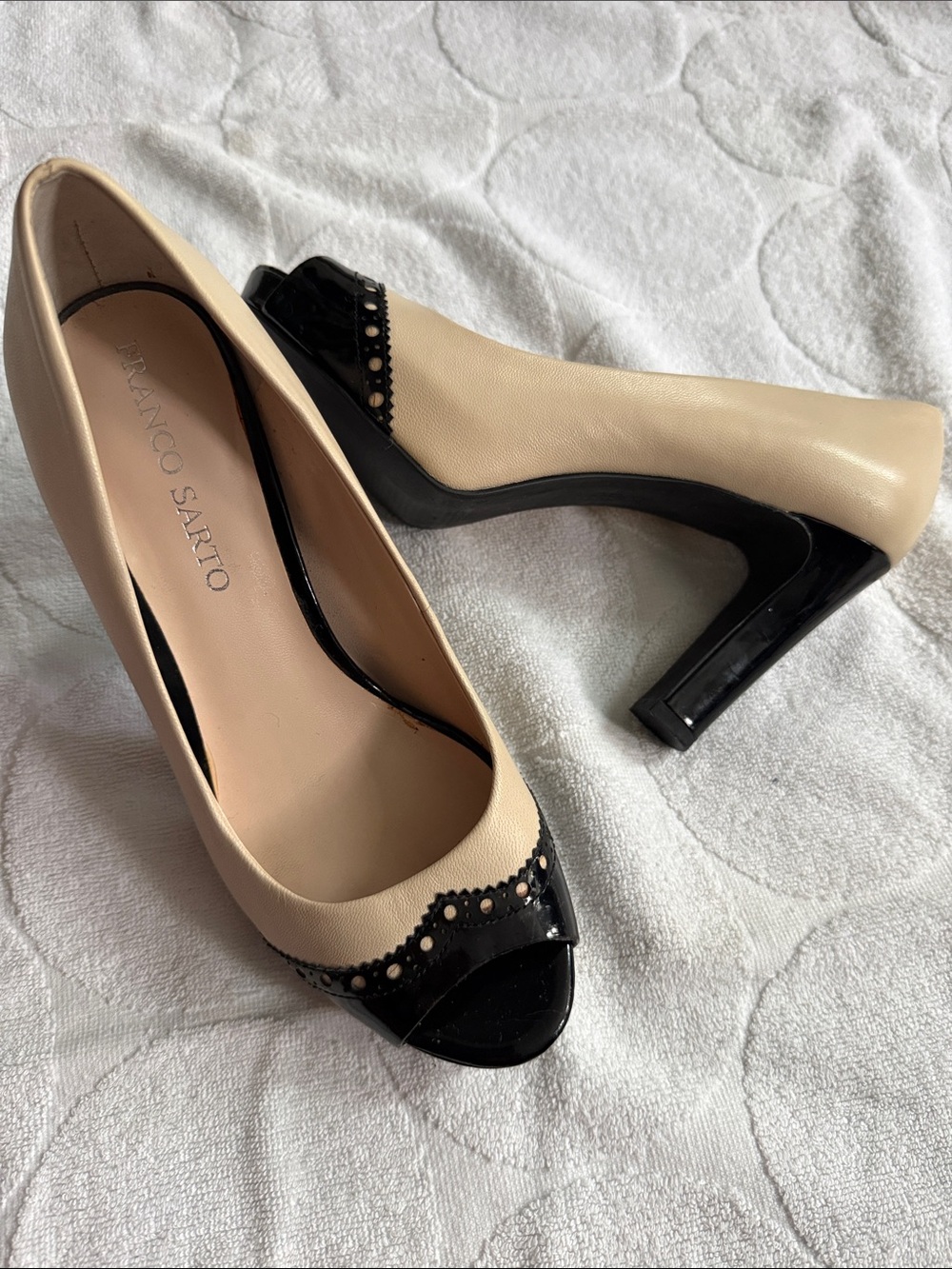 Franco Sarto Beige and Black Peep-Toe High Heels - Women